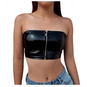Paten leather bandeau with gold zipper front